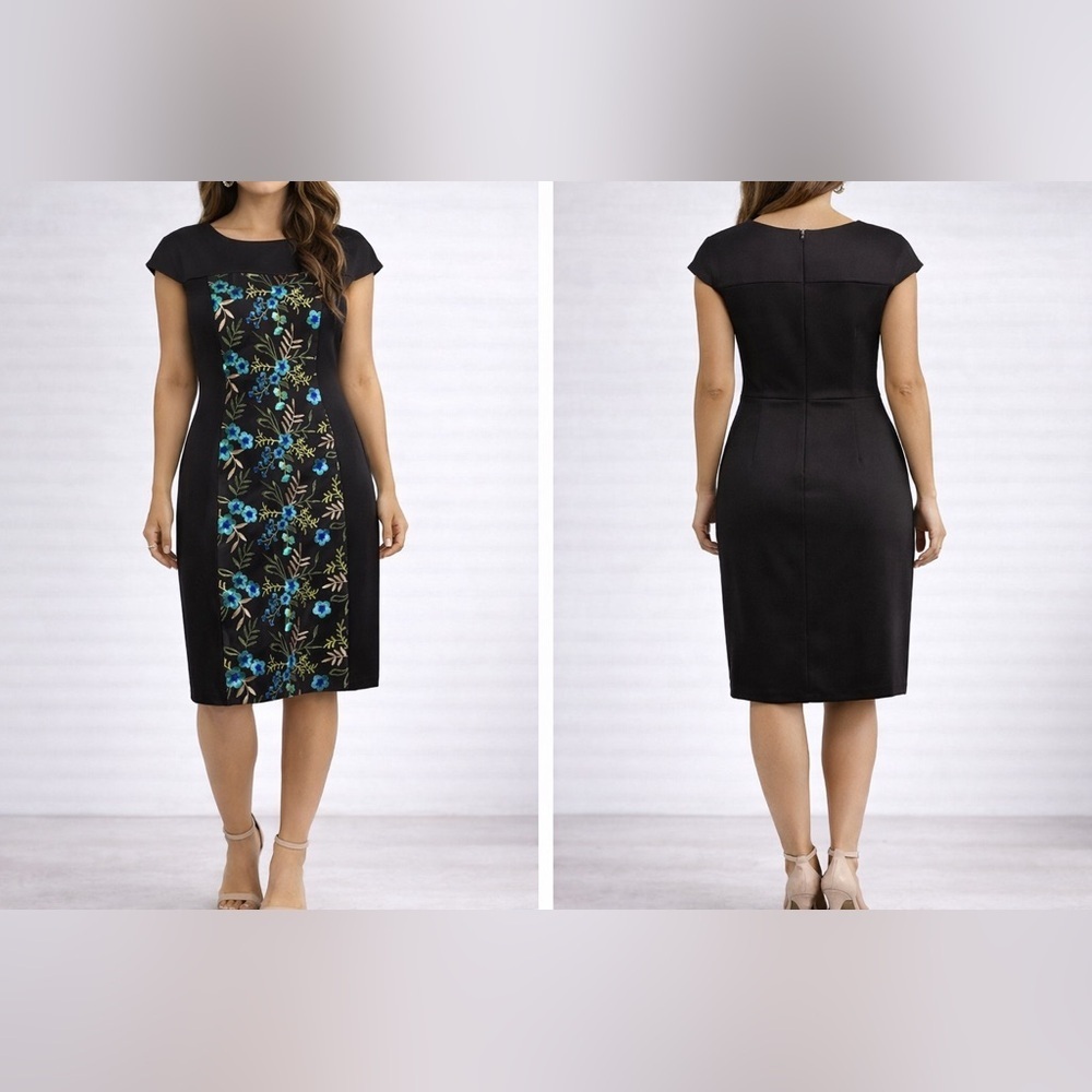 Connected Apparel Black Floral Panel Sheath Dress Size 12
